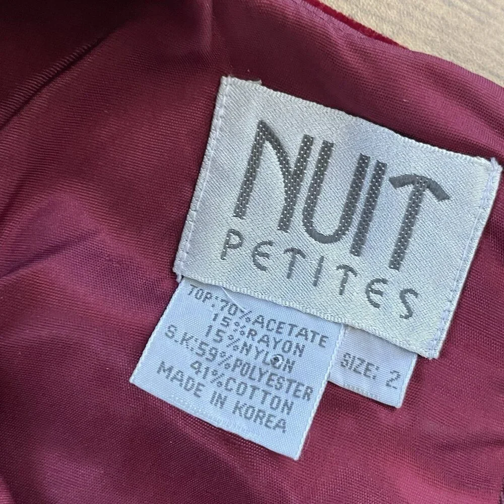 Vintage 1980s Nuit Womens Dress Sz 2 Petite Burgundy Velvet Puff Sleeve Midi - Picture 13 of 13